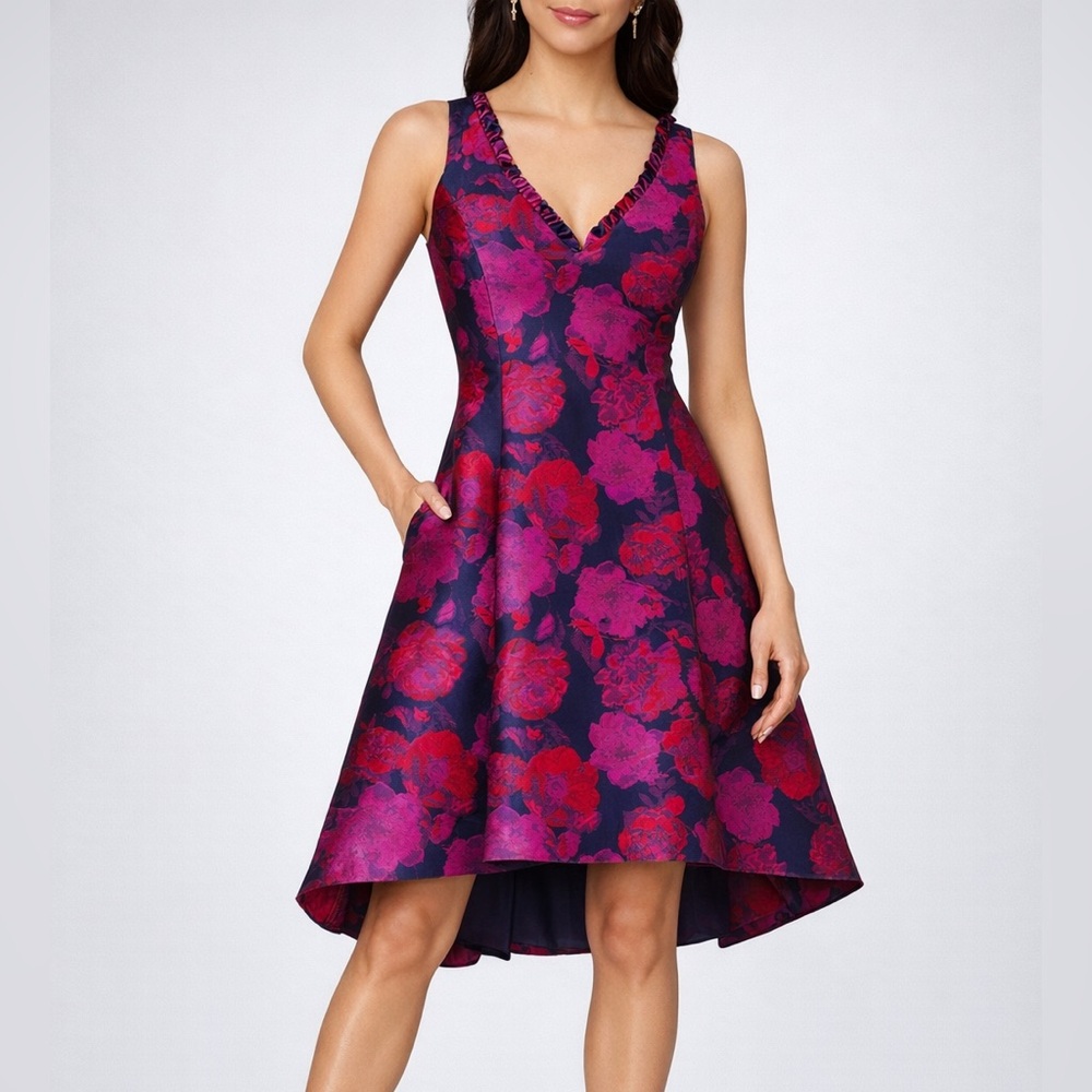 🆕🌸 Adrianna Papell Navy Multi Floral Jacquard Dress Size 8,14 Evening Cocktail - Picture 1 of 17